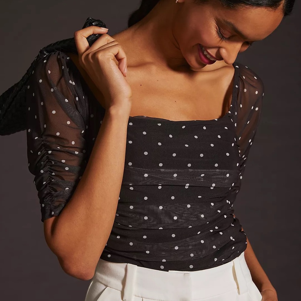 Anthropologie polka dot blouse sheer sleeves NWT